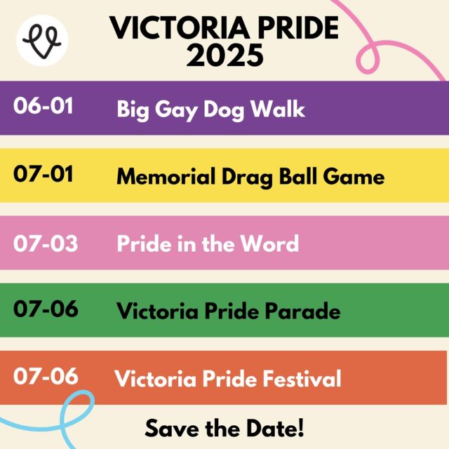 📣 Have you marked your calendars yet? 📣

🏳️‍⚧️ Big Gay Dog Walk: June 1st, 2025
🏳️‍🌈 Memorial Drag Ball Game: July 1st, 2025
🏳️‍⚧️ Pride in the Word: July 3rd, 2025
🏳️‍🌈 Victoria Pride Parade: July 6th, 2025
🏳️‍⚧️ Victoria Pride Festival: July 6th, 2025

See you soon!! 💖🎉🌈

-

#yyj #yyjpride #pride2025 #victoriapridesociety #victoriabcpride